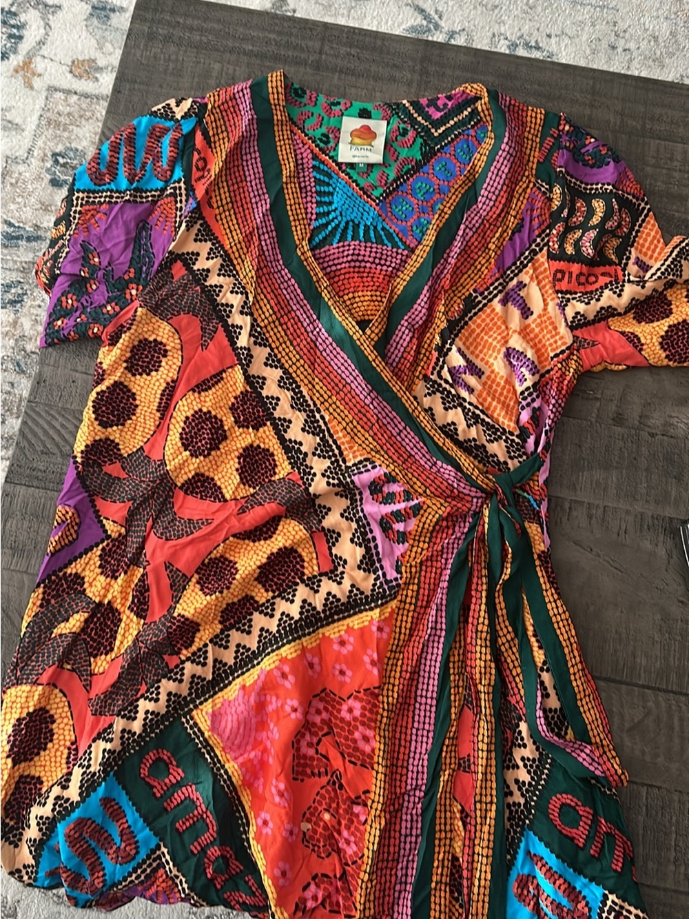 FARM Rio Patch Scarf Wrap Dress Colorful Beaded Tassel Boho Tropical Dress SZ M - Picture 3 of 6